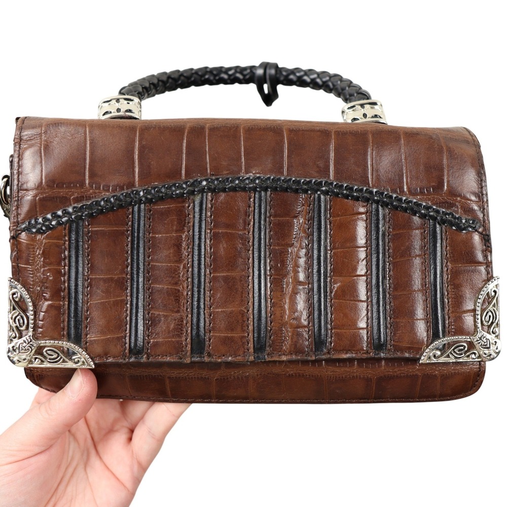 Mark Chantal Y2K 90s Dark Brown Croc Embossed Handbag Heart Charm Clutch Crssbdy